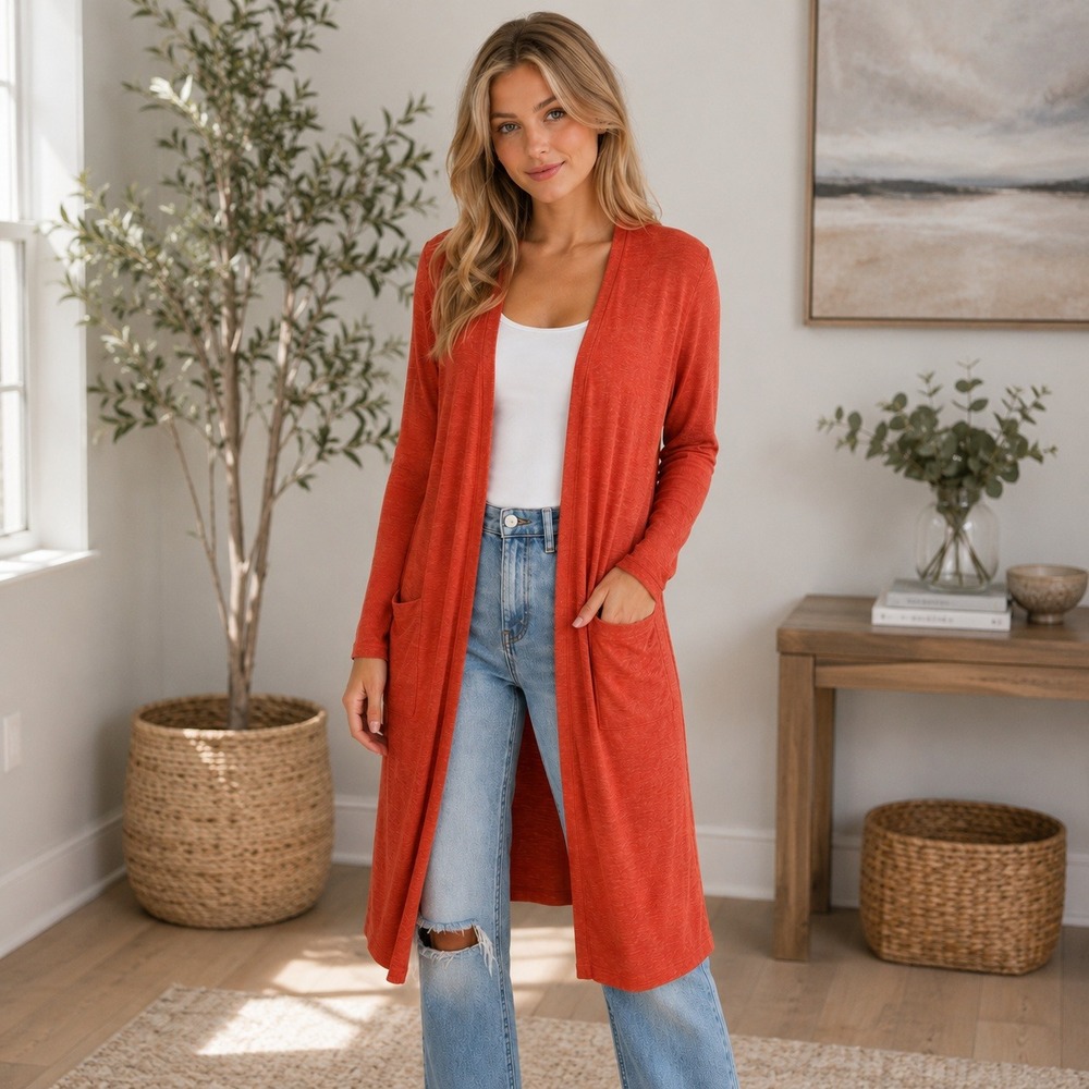 LuLaRoe Coral Orange Longline Duster Cardigan Sweater Pockets Womens Medium
